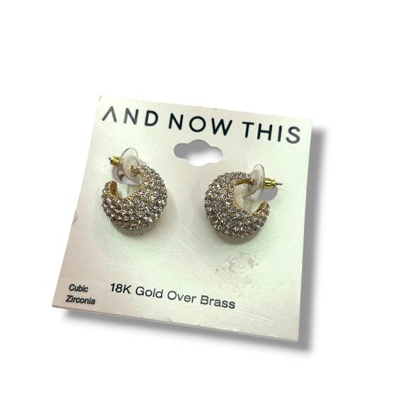 NEW And Now This 18K Gold Over Brass Small Pavé C-Hoop Earrings 0.85" - Picture 2 of 10